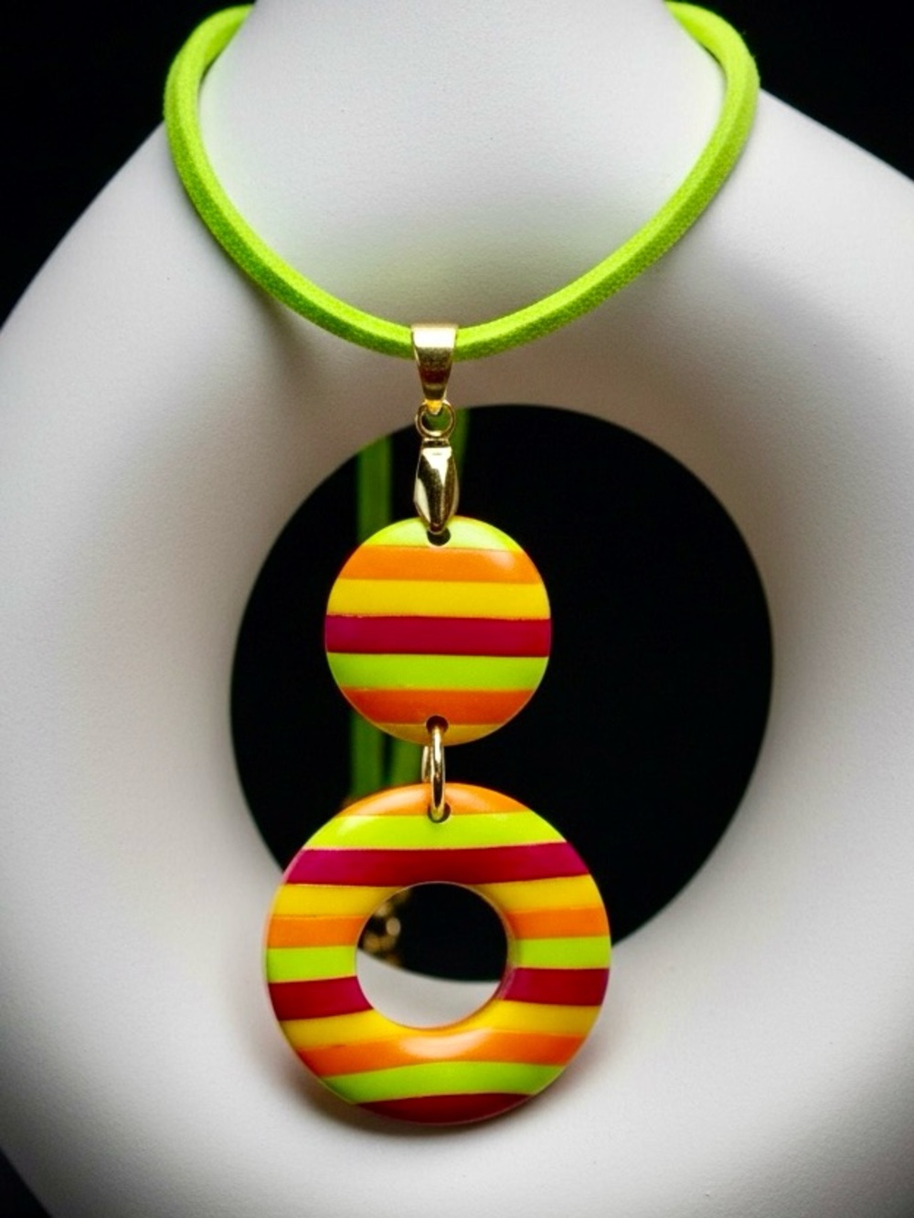 Handmade Rainbow Striped Round Polymer Clay Large Pendant Necklace on Cord SS